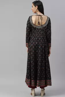 Black printed cotton long-kurtis