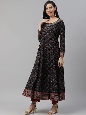 Black printed cotton long-kurtis 3