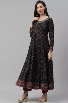 Black printed cotton long-kurtis