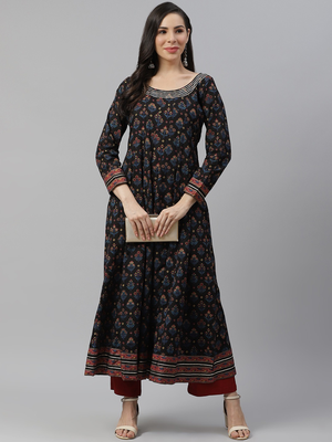 Black printed cotton long-kurtis 5