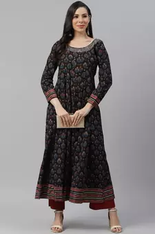 Black printed cotton long-kurtis