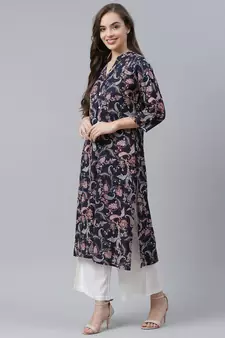 Blue printed rayon long-kurtis