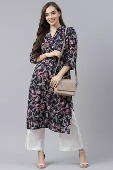 Blue printed rayon long-kurtis