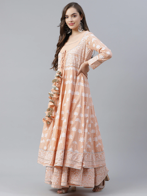 Peach printed cotton long-kurtis 4