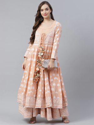 Peach printed cotton long-kurtis 1