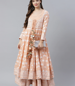 Peach printed cotton long-kurtis