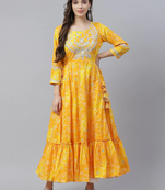 Yellow printed cotton long-kurtis