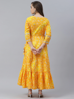 Yellow printed cotton long-kurtis 2
