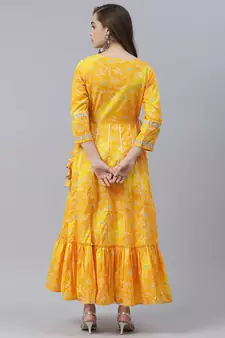 Yellow printed cotton long-kurtis