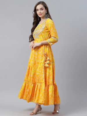 Yellow printed cotton long-kurtis 3