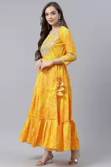 Yellow printed cotton long-kurtis