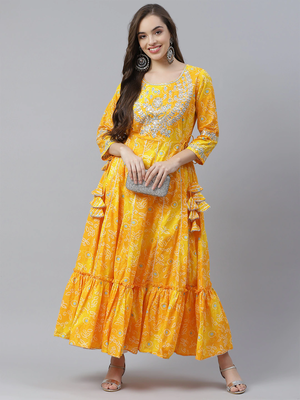 Yellow printed cotton long-kurtis 5
