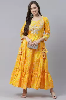 Yellow printed cotton long-kurtis