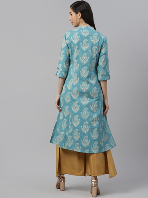 Sky-blue printed cotton long-kurtis 2