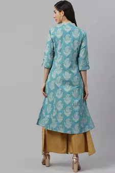 Sky-blue printed cotton long-kurtis