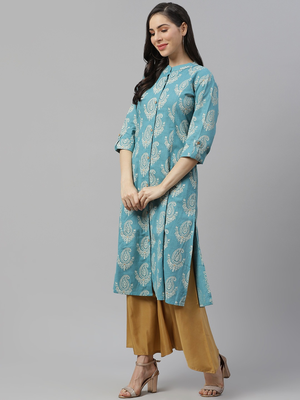 Sky-blue printed cotton long-kurtis 3