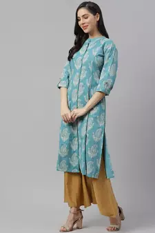 Sky-blue printed cotton long-kurtis