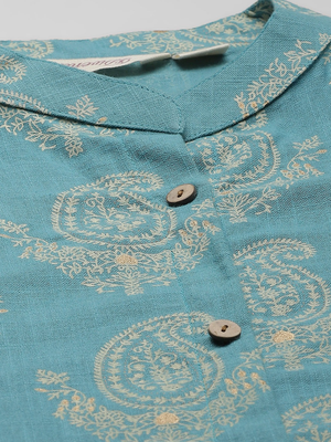 Sky-blue printed cotton long-kurtis 4