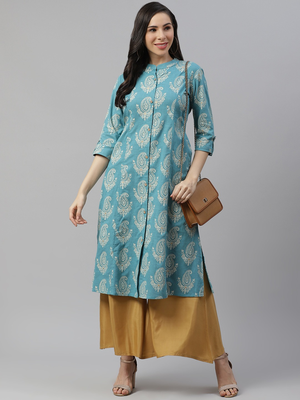 Sky-blue printed cotton long-kurtis 5