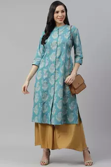 Sky-blue printed cotton long-kurtis