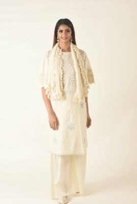 Ivory woven kurta set with tassled scarf 1