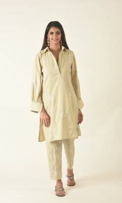 Khaki pathan suit with embroidery 1