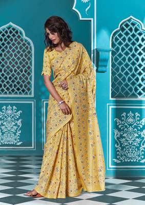 Yellow printed manipuri silk saree with blouse 1