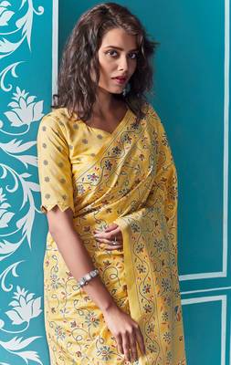 Yellow printed manipuri silk saree with blouse 2