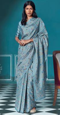 Blue printed manipuri silk saree with blouse 1