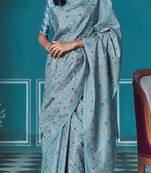 Blue printed manipuri silk saree with blouse