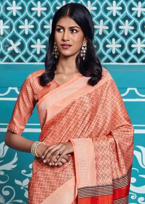 Orange printed manipuri silk saree with blouse 1