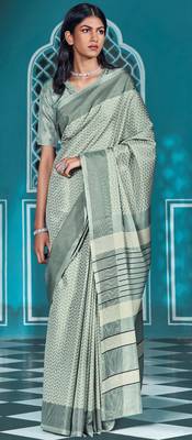 Grey printed manipuri silk saree with blouse 1