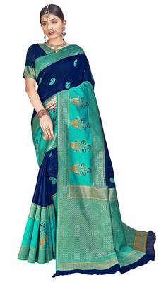 Blue woven banarasi saree with blouse 1