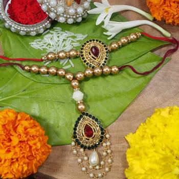 Gold Plated Pearl And Stone Studded Bhaiya Bhabhi Rakhi Set (R616Co) 1
