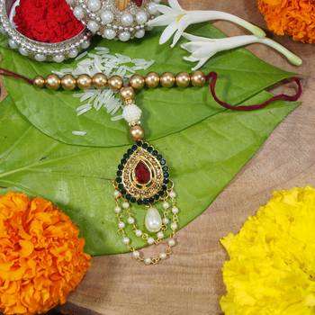 Gold Plated Pearl And Stone Studded Bhaiya Bhabhi Rakhi Set (R616Co) 4