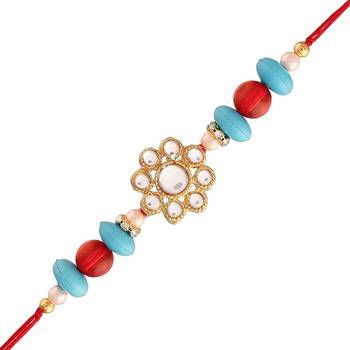 Gold Plated Floral Kundan & Pearl Studded rakhi & Lumba for  Bhaiya Bhabhi (R613CO) 1