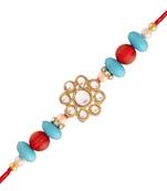Gold Plated Floral Kundan & Pearl Studded rakhi & Lumba for  Bhaiya Bhabhi (R613CO)