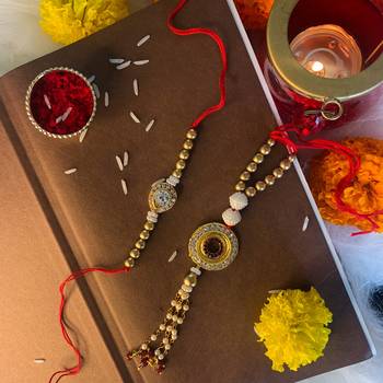 Gold Plated Bhaiya Bhabhi Rakhi and Lumba Set Glided With Kundan & Pearl  1