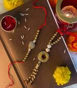 Gold Plated Bhaiya Bhabhi Rakhi and Lumba Set Glided With Kundan & Pearl 
