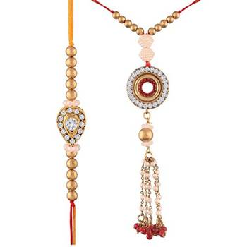 Gold Plated Bhaiya Bhabhi Rakhi and Lumba Set Glided With Kundan & Pearl  2