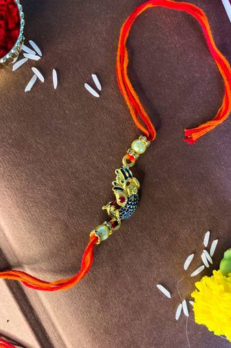 Gold Plated Peacock Design Meena Work Pearl Rakhi For Men/Boys 