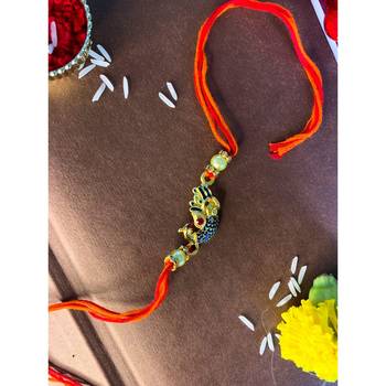 Gold Plated Peacock Design Meena Work Pearl Rakhi For Men/Boys  1