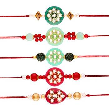 Gold Plated Designer Kundan Studded Multi-Colour Rakhi For Men/Boys (Pack Of 5) (R728CO) 1