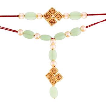 Gold Plated Stone Studded Pearl Rakhi and lumba Set for Bhaiya Bhabhi  2