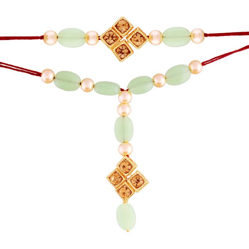 Gold Plated Stone Studded Pearl Rakhi and lumba Set for Bhaiya Bhabhi 