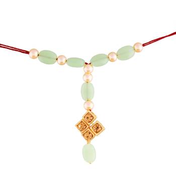 Gold Plated Stone Studded Pearl Rakhi and lumba Set for Bhaiya Bhabhi  3