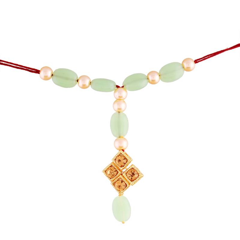 Gold Plated Stone Studded Pearl Rakhi and lumba Set for Bhaiya Bhabhi 