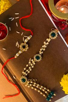 Designer Bhaiya Bhabhi Hanging Lumba Rakhi Combo Set for Rakshabhandan Special (R014G-CO)