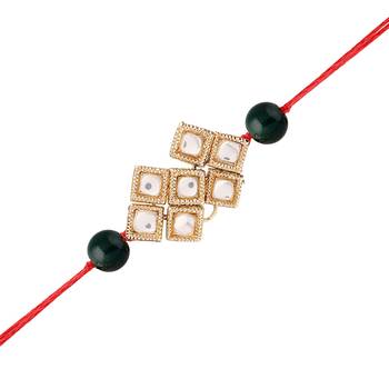 Gold Plated Ethnic Designer Beads Kundan Rakhi Bracelet for Brother/Men  1