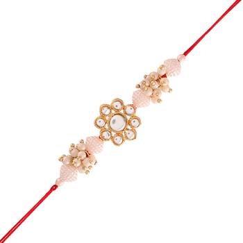 Gold Plated Ethnic Designer Pearl Kundan Rakhi Bracelet for Brother/Men (R015W-R) 1